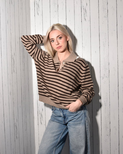 Maglia Polo Donna a Righe in Misto Lana e Cashmere