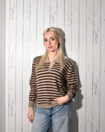 Maglia Polo Donna a Righe in Misto Lana e Cashmere