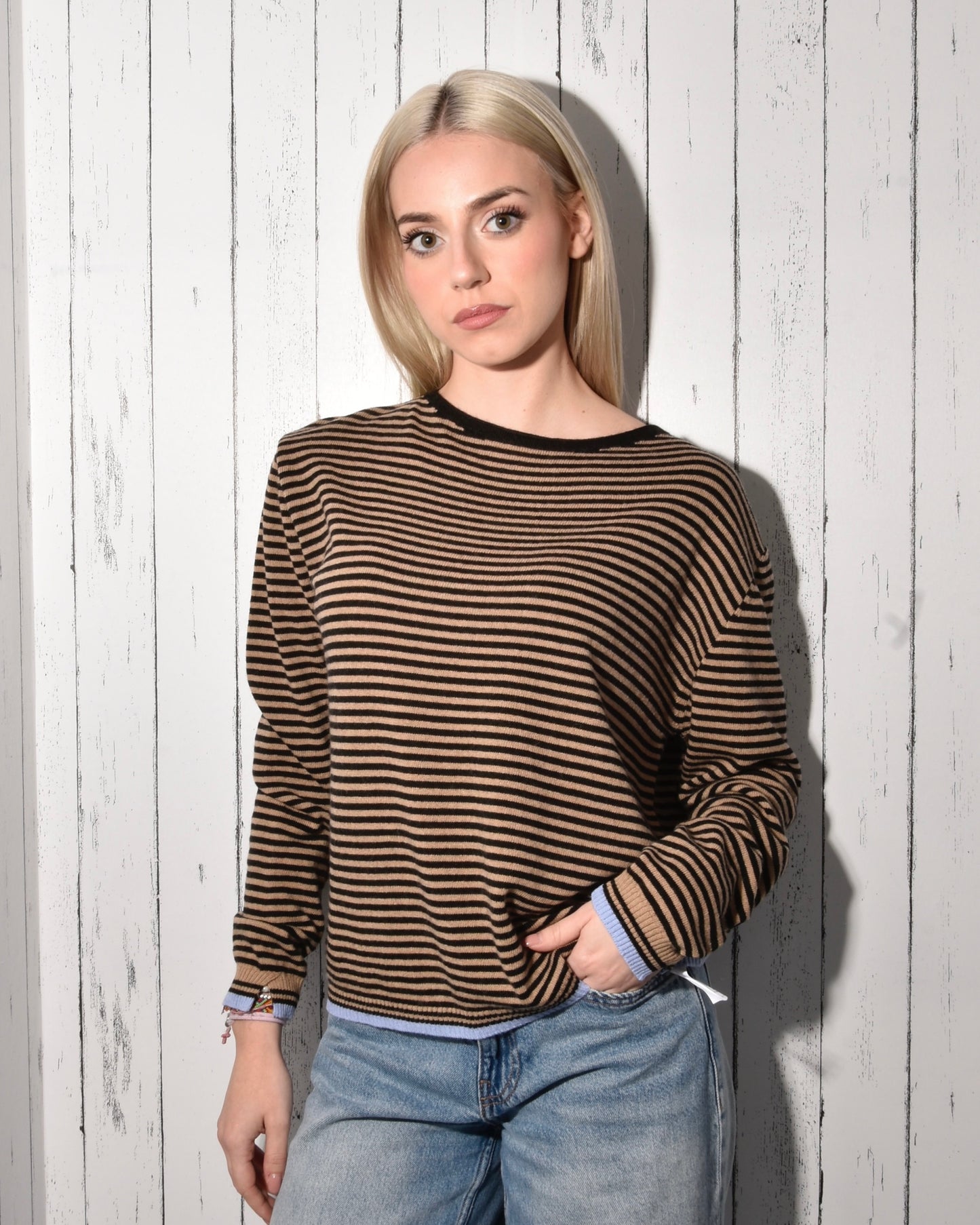 Maglia Girocollo a Righe in Misto Lana