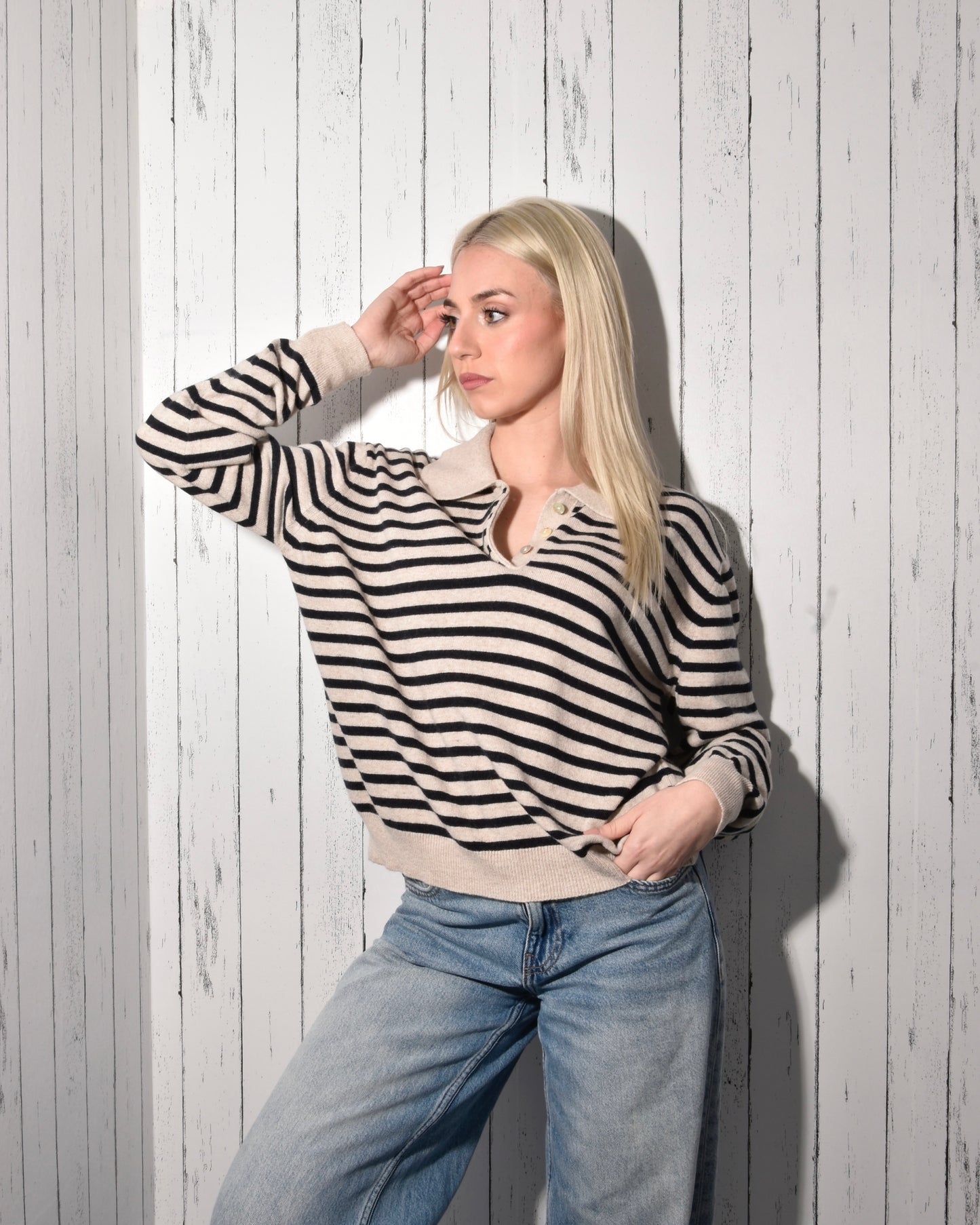 Maglia Polo Donna a Righe in Misto Lana e Cashmere