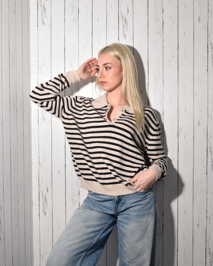 Maglia Polo Donna a Righe in Misto Lana e Cashmere