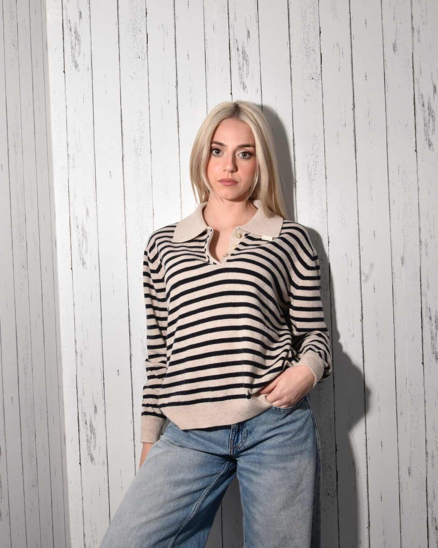 Maglia Polo Donna a Righe in Misto Lana e Cashmere