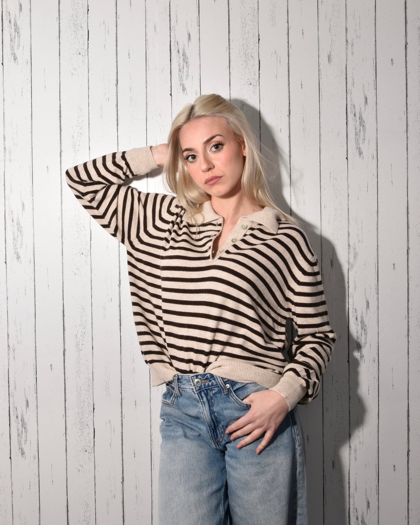 Maglia Polo Donna a Righe in Misto Lana e Cashmere