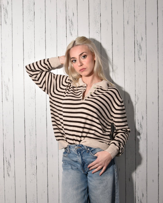Maglia Polo Donna a Righe in Misto Lana e Cashmere